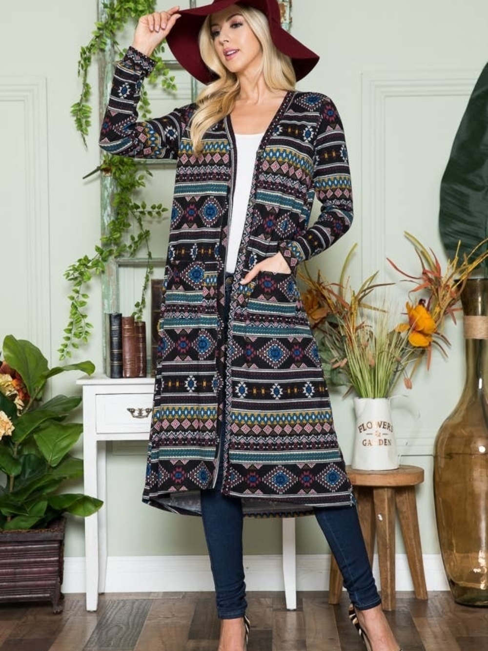 Celeste Aztec Geometric Long Button Front Cardigan Size Small NWOT